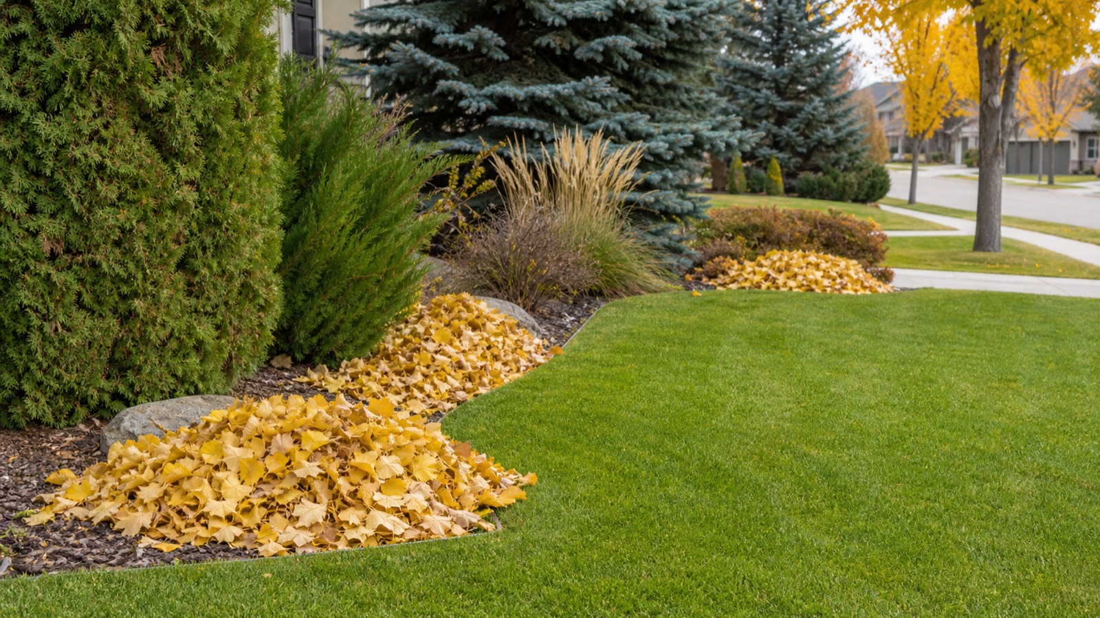 A clean autumn lawn with leaves gathered after fall cleanup